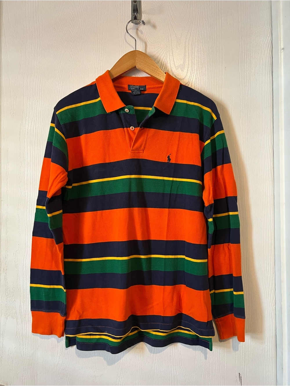 Polo Ralph Lauren Orange Navy Green Striped Rugby Polo Shirt boys Sz 16-18